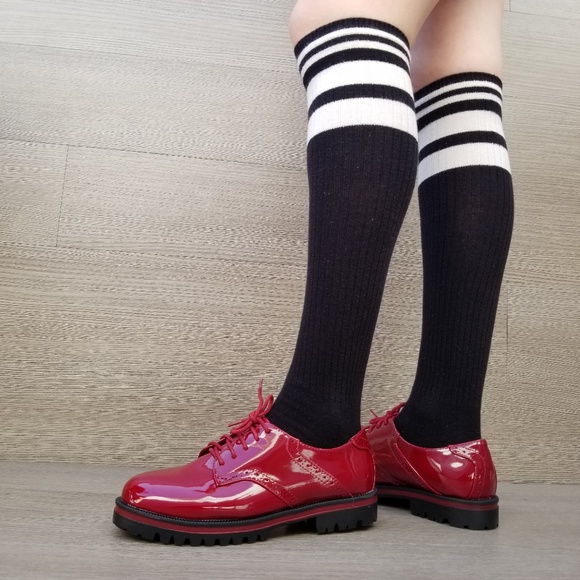 Red Vinyl Patent Leather Chunky Oxford Creepers-Q - Picture 7 of 8